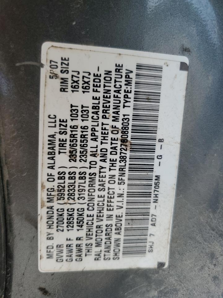 2007 Honda Odyssey Exl VIN: 5FNRL38727B088031 Lot: 66375095
