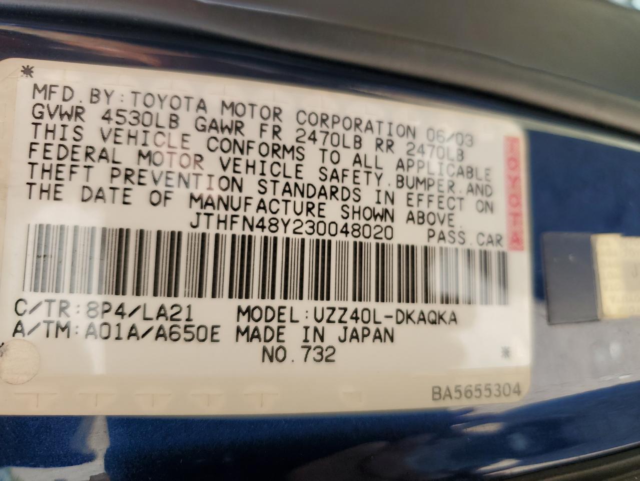 2003 Lexus Sc 430 VIN: JTHFN48Y230048020 Lot: 65790975