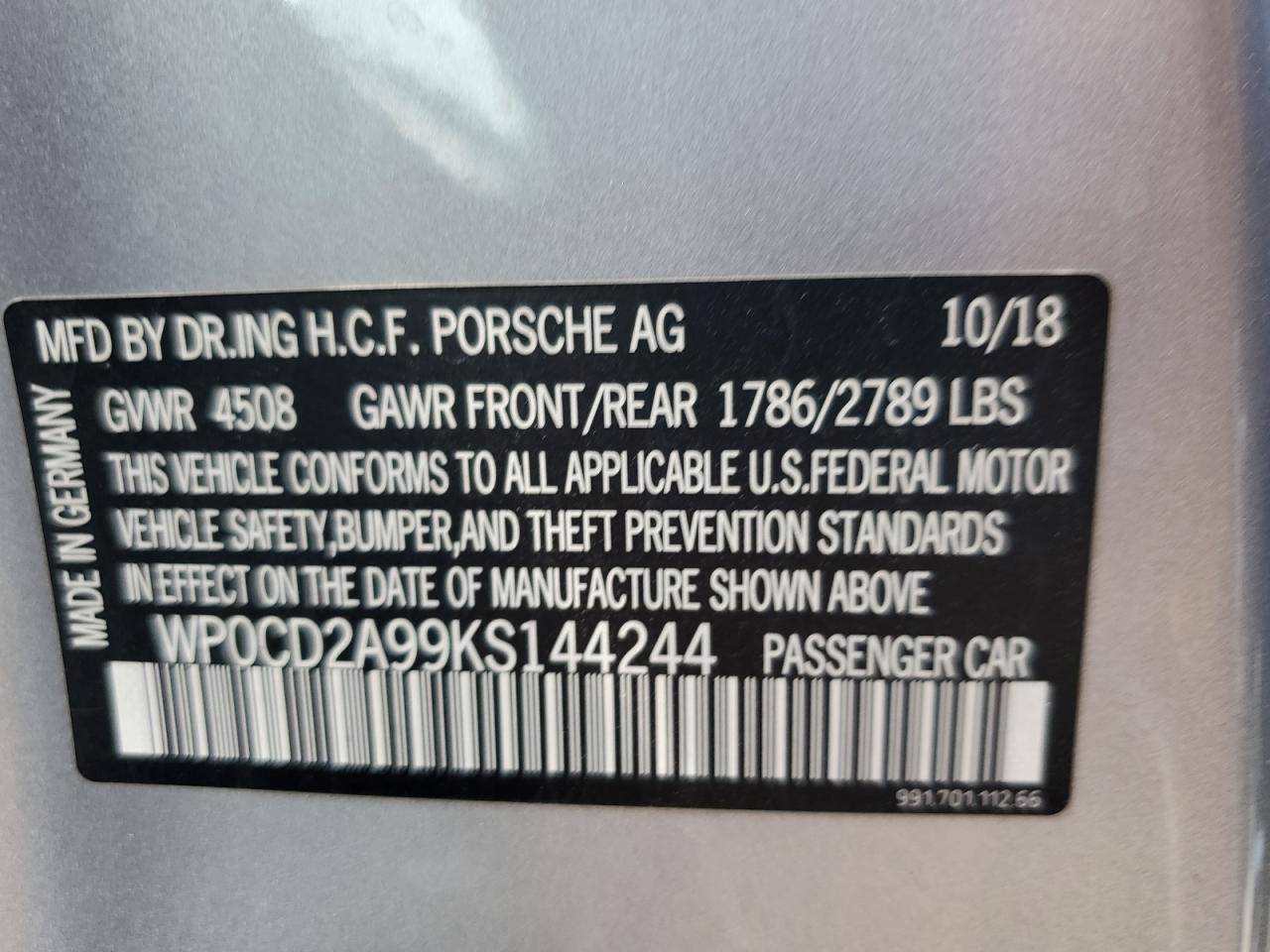 2019 Porsche 911 Turbo VIN: WP0CD2A99KS144244 Lot: 63460905