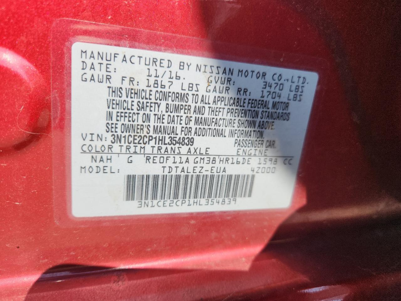 2017 Nissan Versa Note S VIN: 3N1CE2CP1HL354839 Lot: 64395855