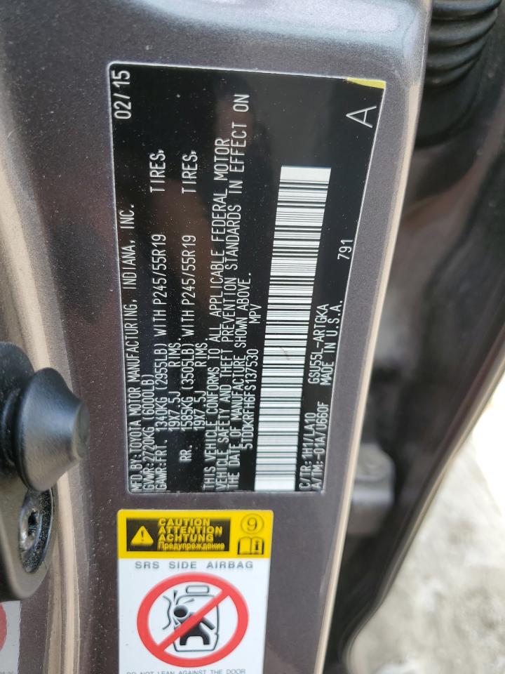 2015 Toyota Highlander Limited VIN: 5TDDKRFH6FS137530 Lot: 64262375