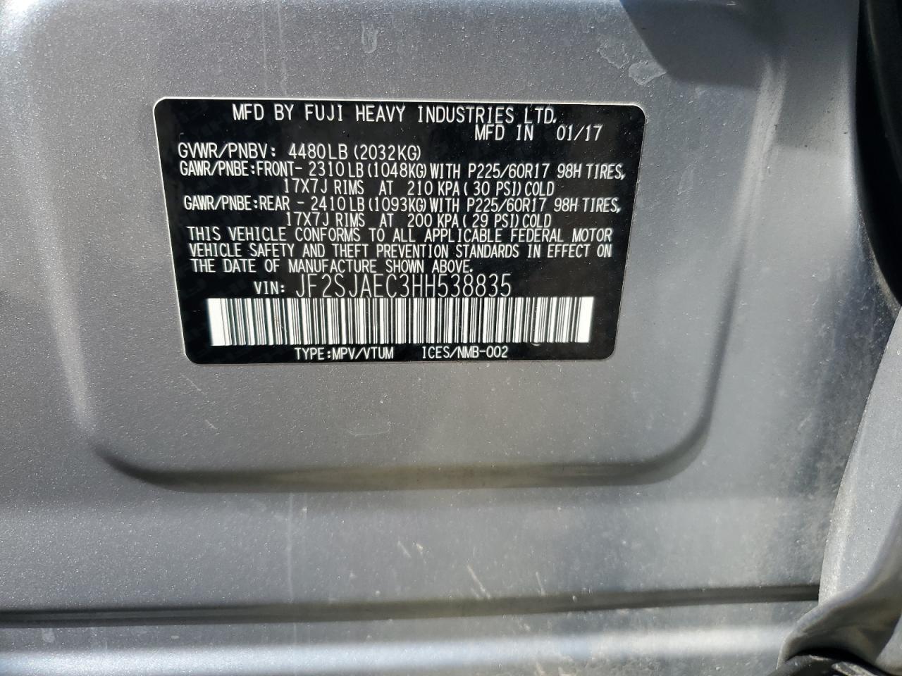2017 Subaru Forester 2.5I Premium VIN: JF2SJAEC3HH538835 Lot: 63209265