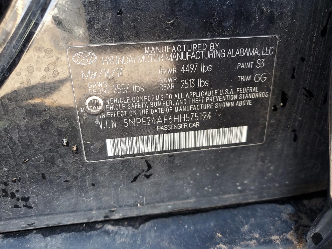 2017 Hyundai Sonata Se VIN: 5NPE24AF6HH575194 Lot: 64620185