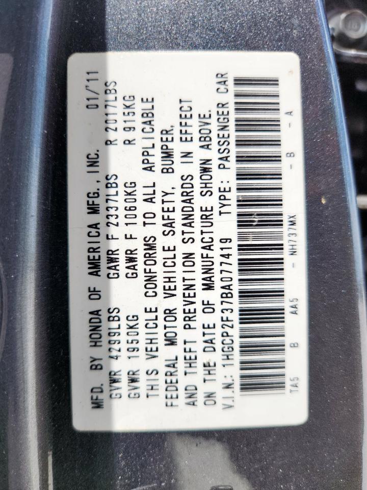 2011 Honda Accord Lx VIN: 1HGCP2F37BA077419 Lot: 62310365