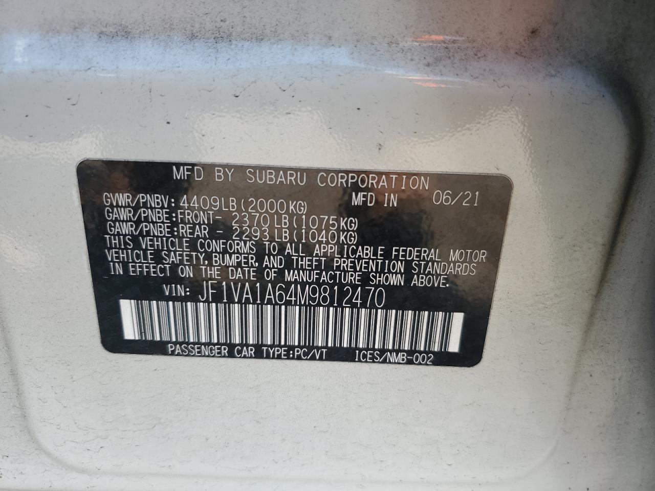 2021 Subaru Wrx VIN: JF1VA1A64M9812470 Lot: 64954675