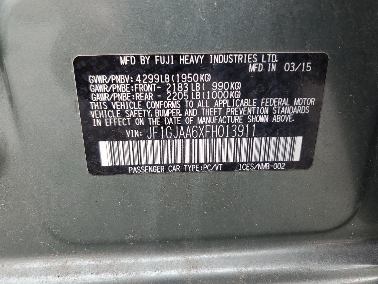 2015 Subaru Impreza VIN: JF1GJAA6XFH013911 Lot: 66693985