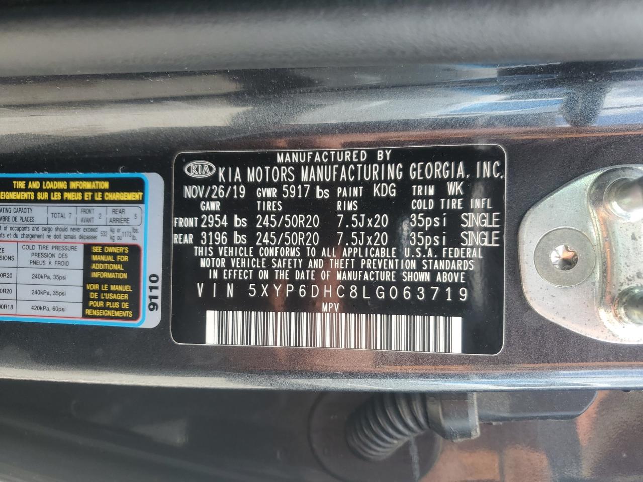 2020 Kia Telluride S VIN: 5XYP6DHC8LG063719 Lot: 65947125