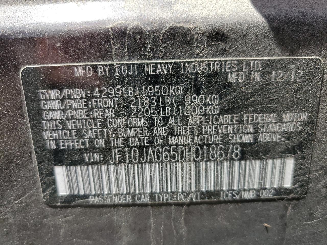2013 Subaru Impreza Limited VIN: JF1GJAG65DH018678 Lot: 63625165