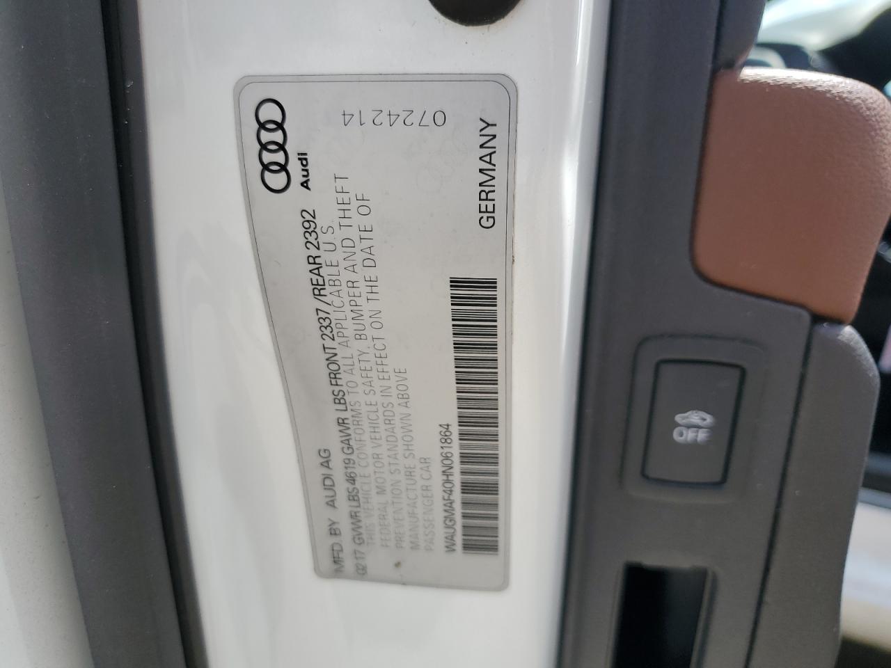 2017 Audi A4 Ultra Premium VIN: WAUGMAF40HN061864 Lot: 63975265