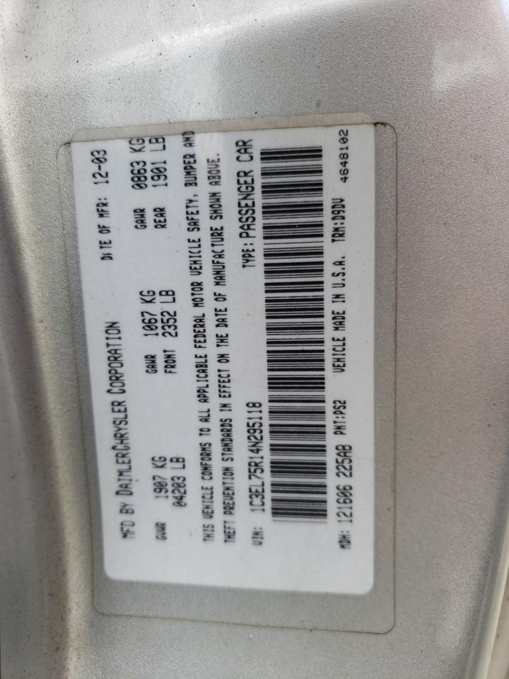 2004 Chrysler Sebring Gtc VIN: 1C3EL75R14N295118 Lot: 63411515