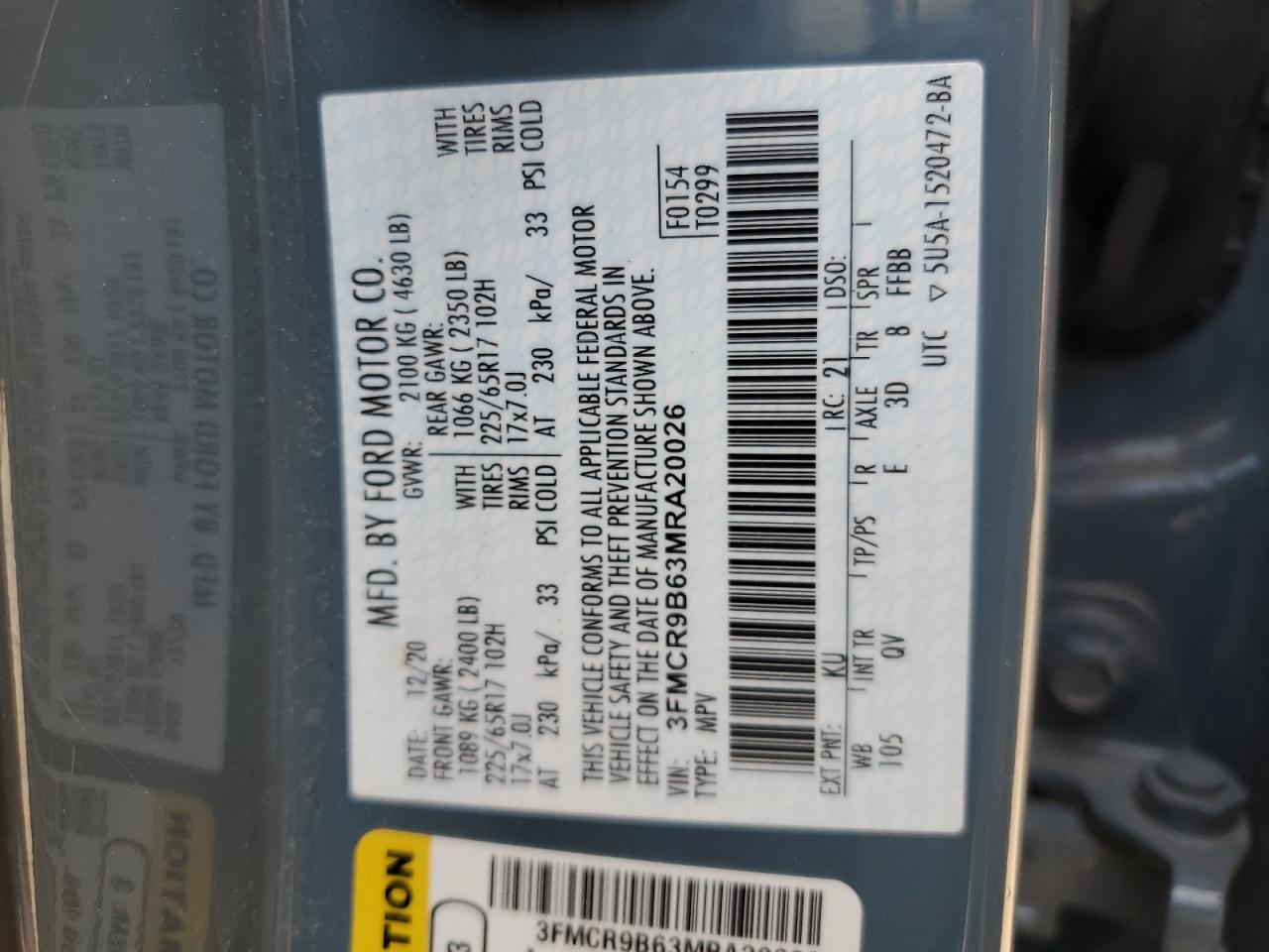 2021 Ford Bronco Sport Big Bend VIN: 3FMCR9B63MRA20026 Lot: 63567835