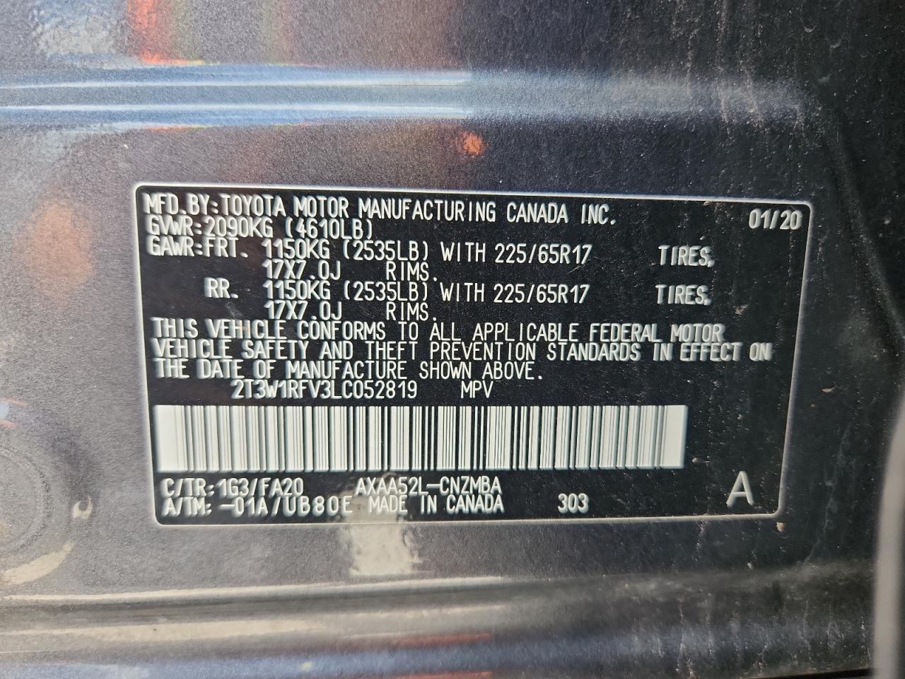 2020 Toyota Rav4 Xle VIN: 2T3W1RFV3LC052819 Lot: 64610225