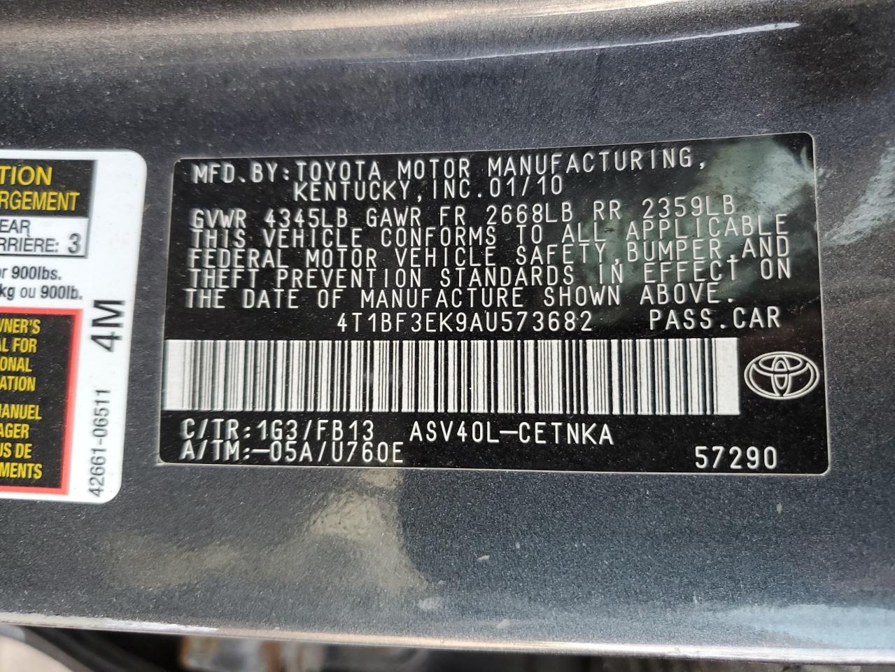 2010 Toyota Camry Base VIN: 4T1BF3EK9AU573682 Lot: 65030005