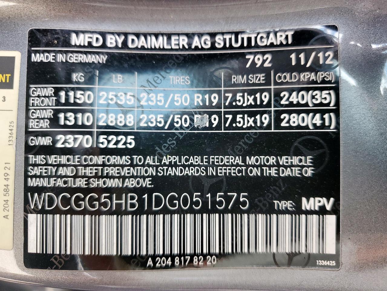 2013 Mercedes-Benz Glk 350 VIN: WDCGG5HB1DG051575 Lot: 63815575