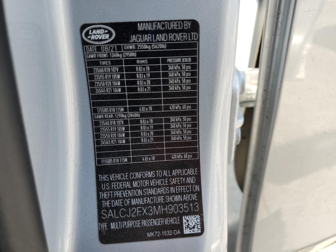 2021 Land Rover Discovery Sport S VIN: SALCJ2FX3MH903513 Lot: 65291635