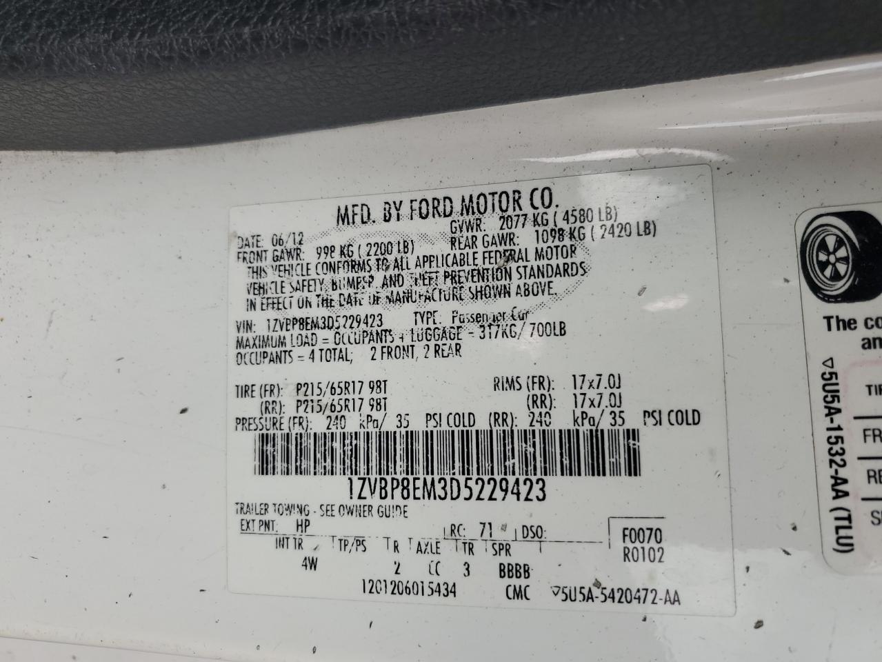 2013 Ford Mustang VIN: 1ZVBP8EM3D5229423 Lot: 63801765