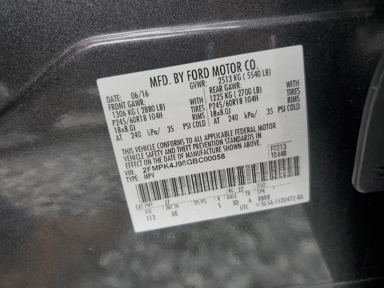 2016 Ford Edge Sel VIN: 2FMPK4J98GBC00058 Lot: 64029275
