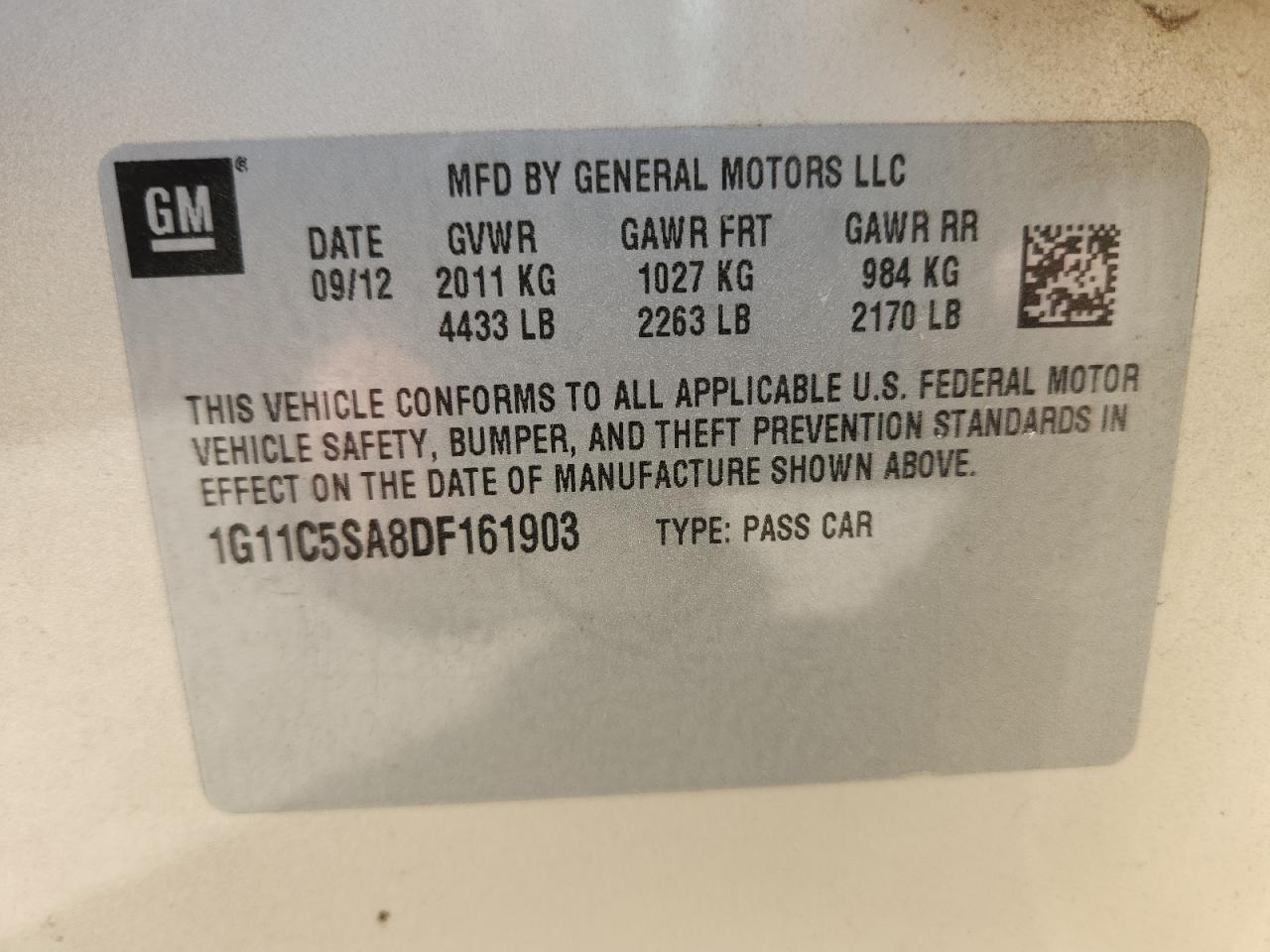 2013 Chevrolet Malibu 1Lt VIN: 1G11C5SA8DF161903 Lot: 62294065