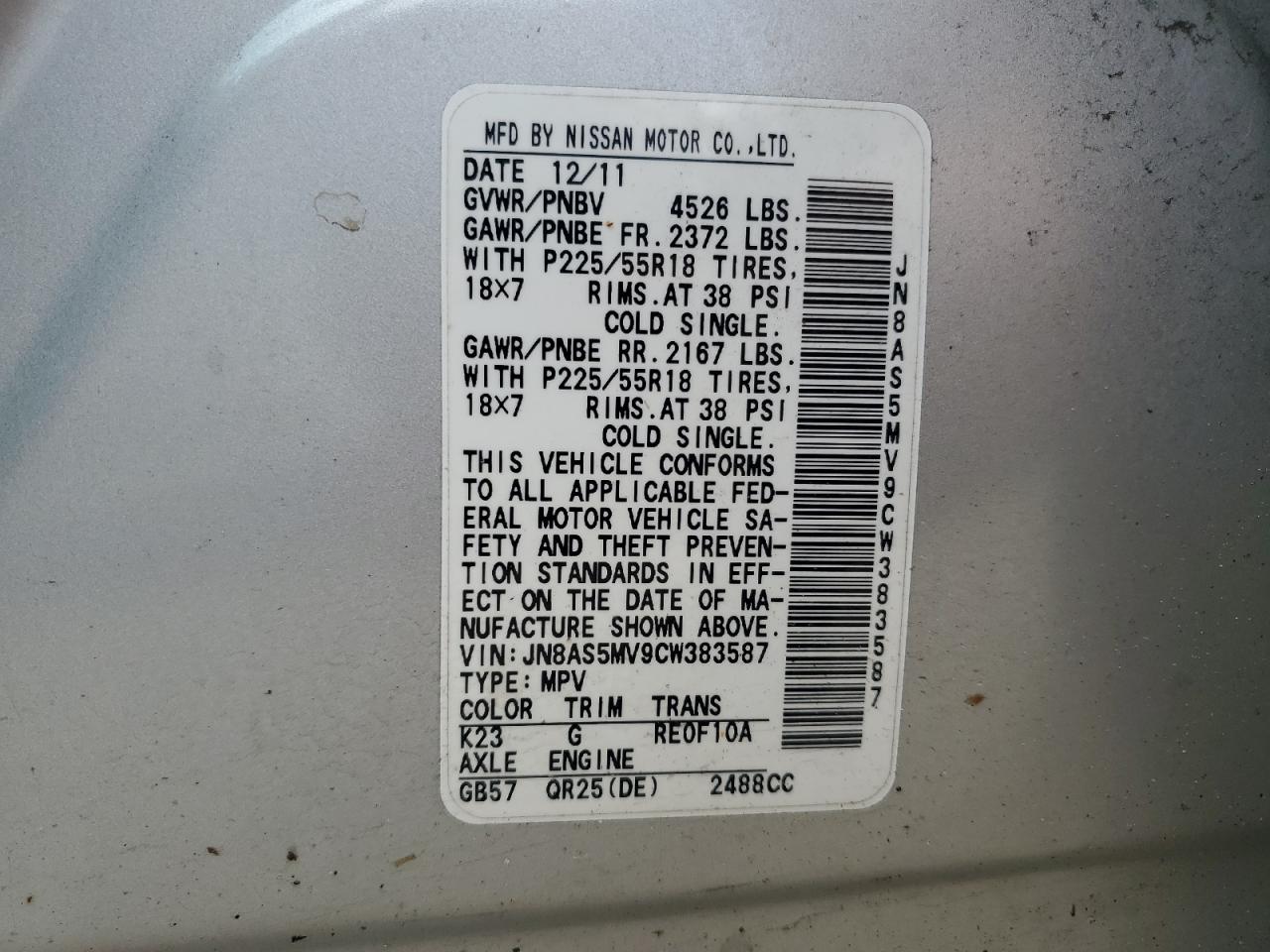 2012 Nissan Rogue S VIN: JN8AS5MV9CW383587 Lot: 64795275