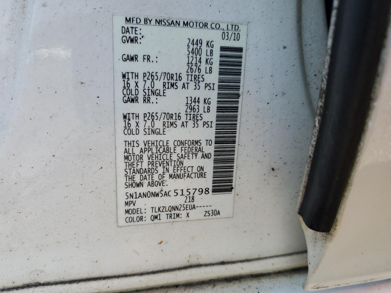 2010 Nissan Xterra Off Road VIN: 5N1AN0NW5AC515798 Lot: 64539405