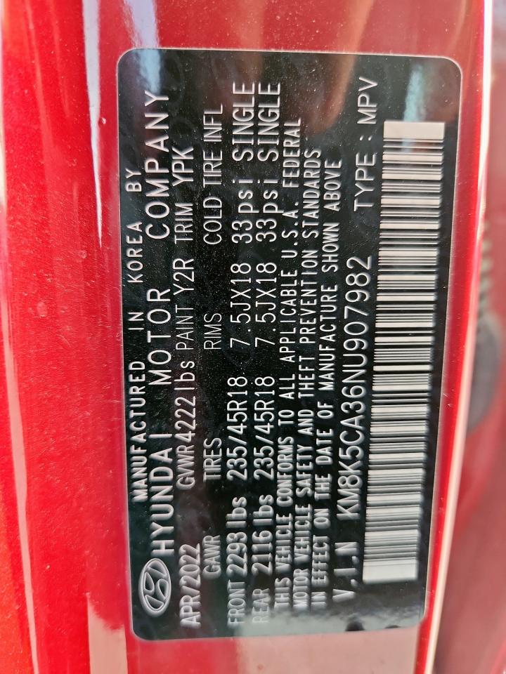 2022 Hyundai Kona Limited VIN: KM8K5CA36NU907982 Lot: 63412225