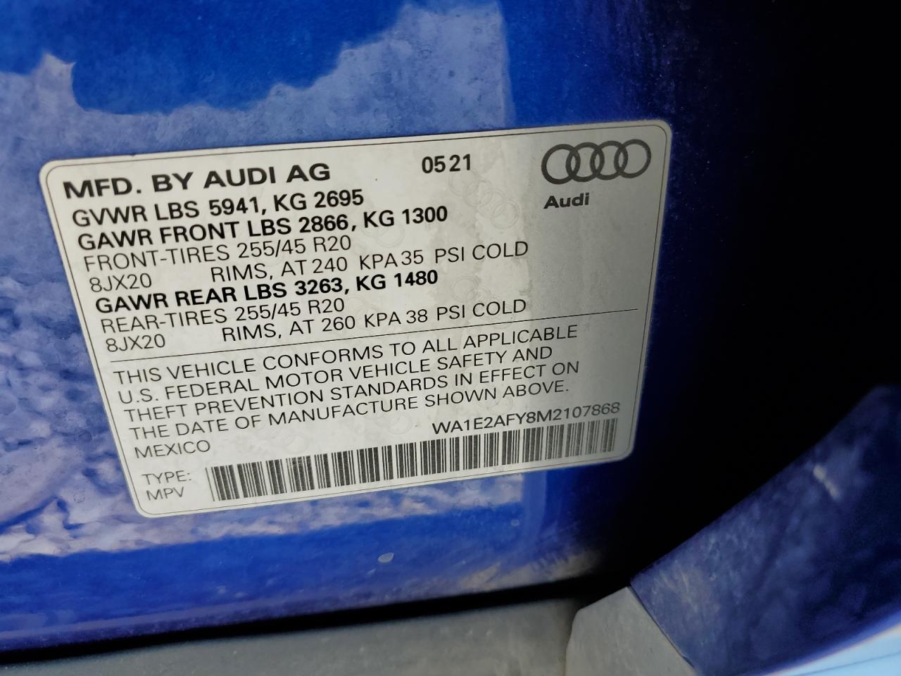 2021 Audi Q5 E Premium Plus VIN: WA1E2AFY8M2107868 Lot: 64615765