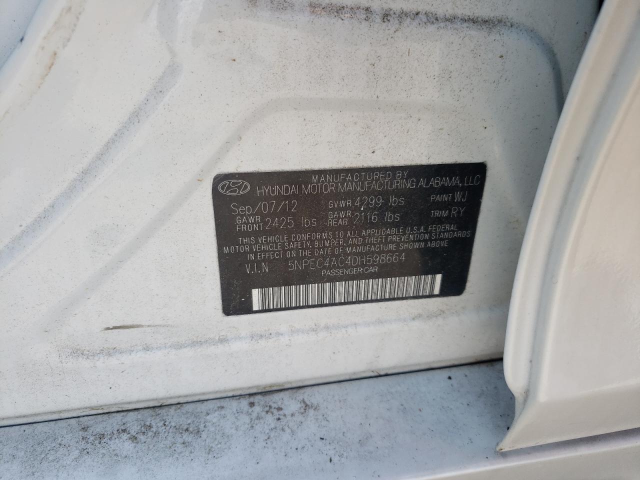 2013 Hyundai Sonata Se VIN: 5NPEC4AC4DH598664 Lot: 64241445
