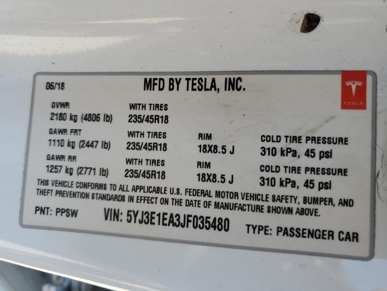 2018 Tesla Model 3 VIN: 5YJ3E1EA3JF035480 Lot: 64320485