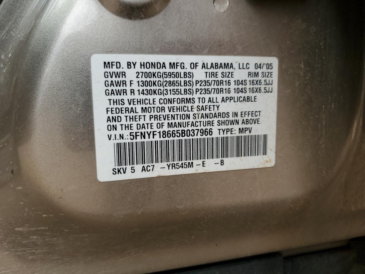 2005 Honda Pilot Exl VIN: 5FNYF18665B037966 Lot: 64770025