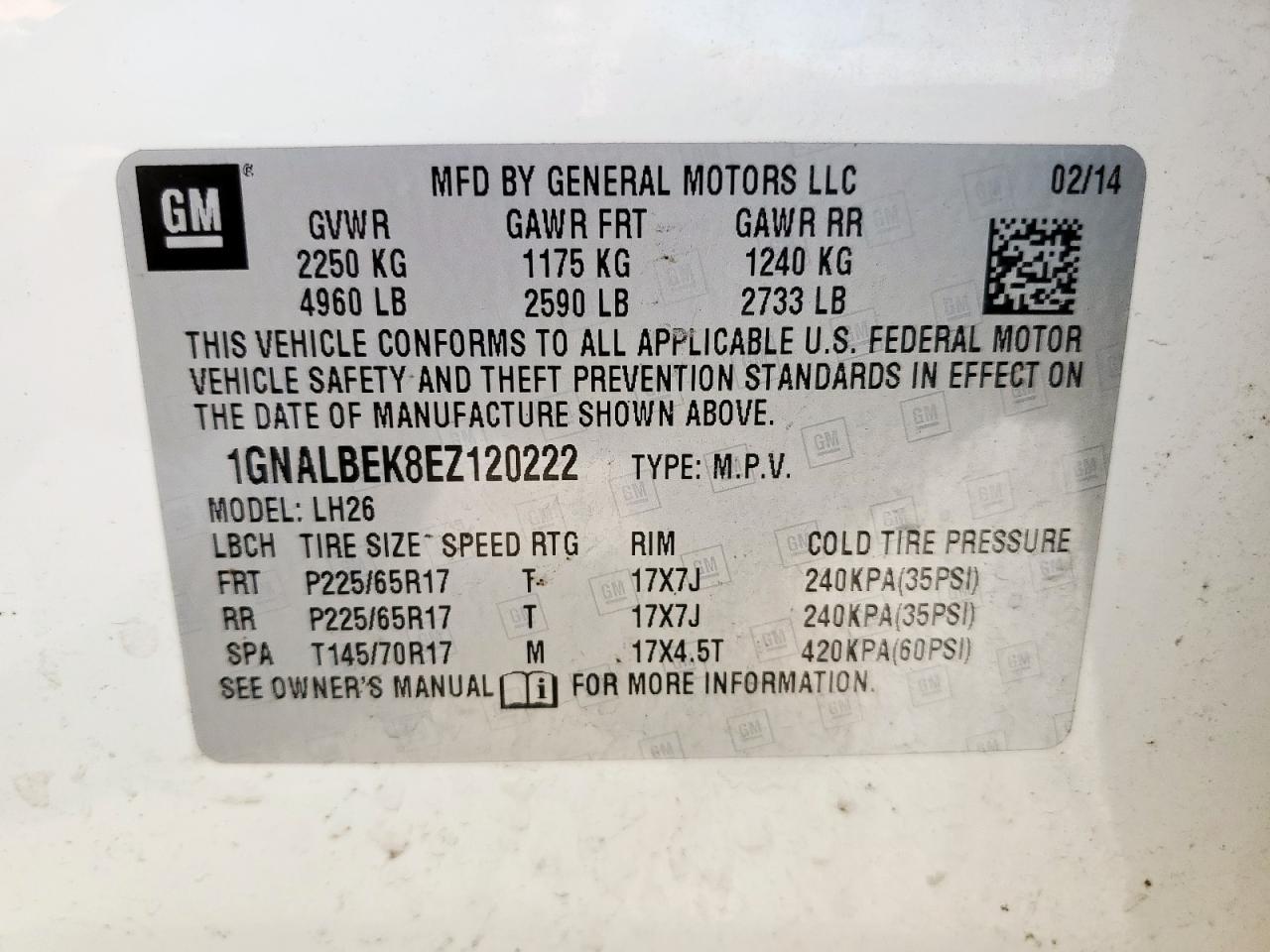 2014 Chevrolet Equinox Lt VIN: 1GNALBEK8EZ120222 Lot: 64439225