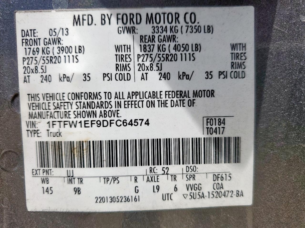 2013 Ford F150 Supercrew VIN: 1FTFW1EF9DFC64574 Lot: 62931855