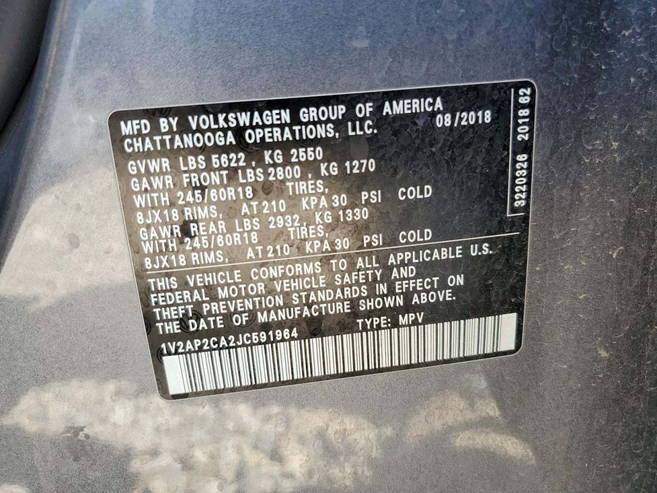 2018 Volkswagen Atlas S VIN: 1V2AP2CA2JC591964 Lot: 64740205