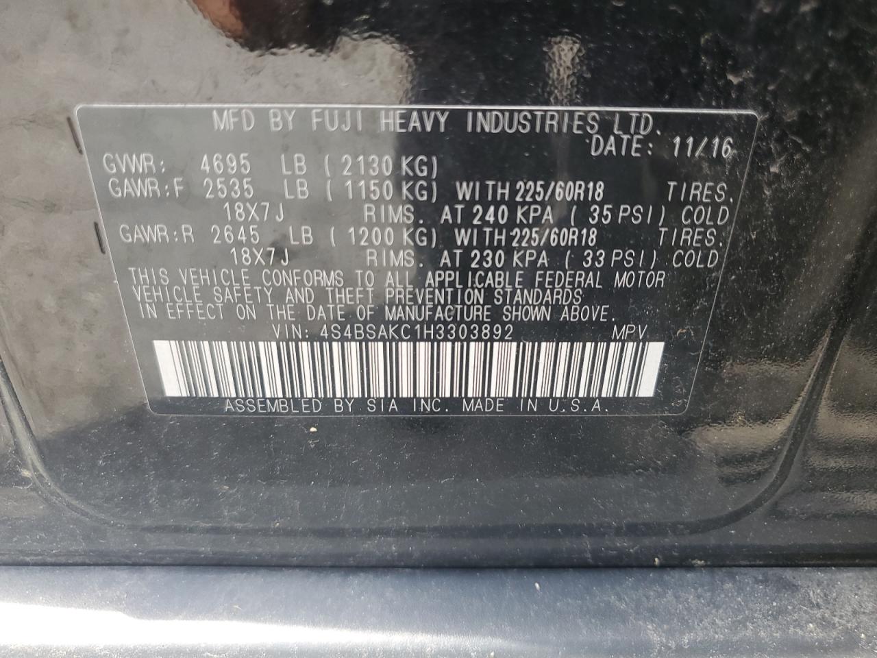 2017 Subaru Outback 2.5I Limited VIN: 4S4BSAKC1H3303892 Lot: 62628735