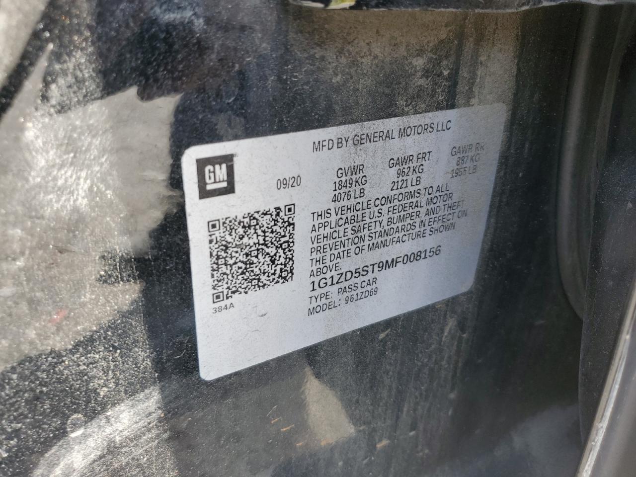 1g1zd5st9mf008156 1G1ZD5ST9MF008156 2021 Chevrolet Malibu Lt