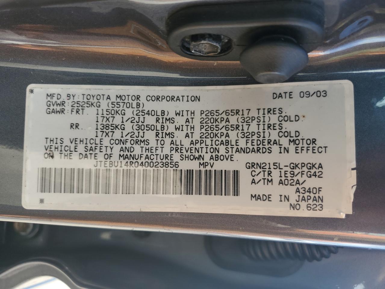 2004 Toyota 4Runner Sr5 VIN: JTEBU14R040023856 Lot: 65234605