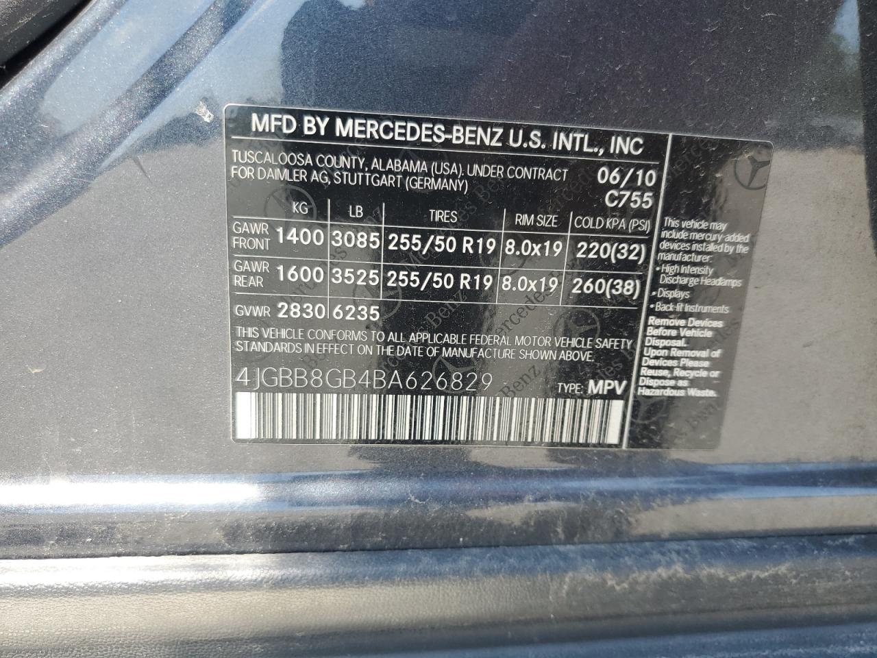 2011 Mercedes-Benz Ml 350 4Matic VIN: 4JGBB8GB4BA626829 Lot: 64020345