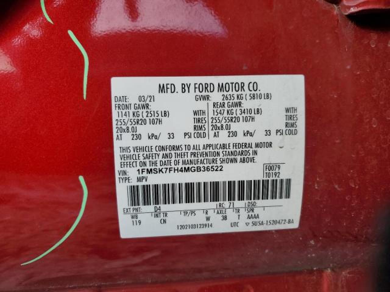 2021 Ford Explorer Limited VIN: 1FMSK7FH4MGB36522 Lot: 66210935