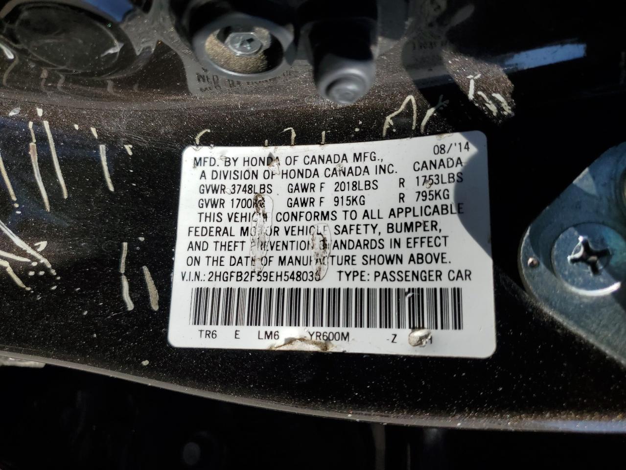 2014 Honda Civic Lx VIN: 2HGFB2F59EH548036 Lot: 66690785
