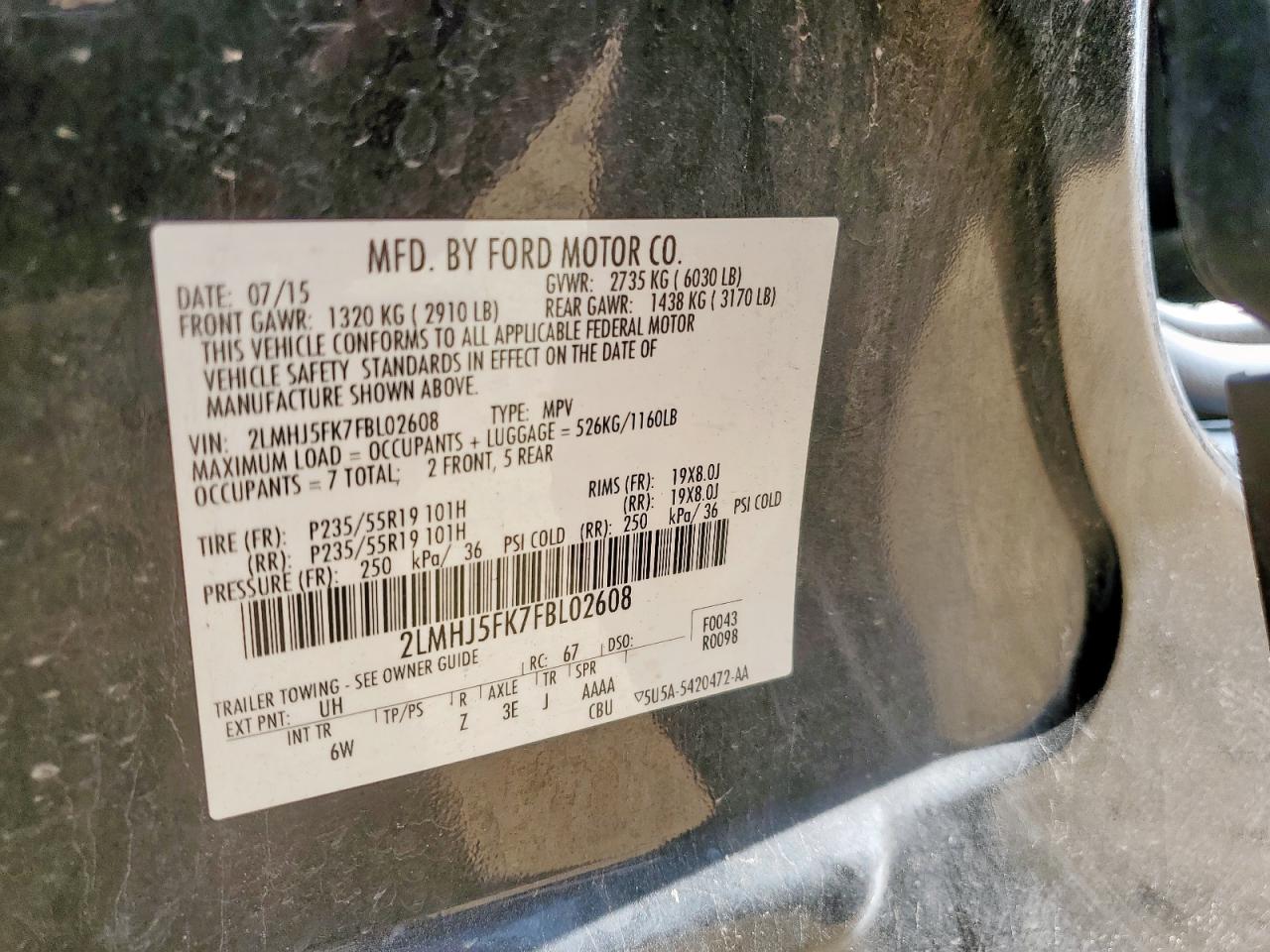 2015 Lincoln Mkt VIN: 2LMHJ5FK7FBL02608 Lot: 64018185