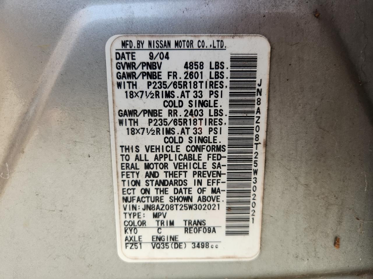 2005 Nissan Murano Sl VIN: JN8AZ08T25W302021 Lot: 63192395