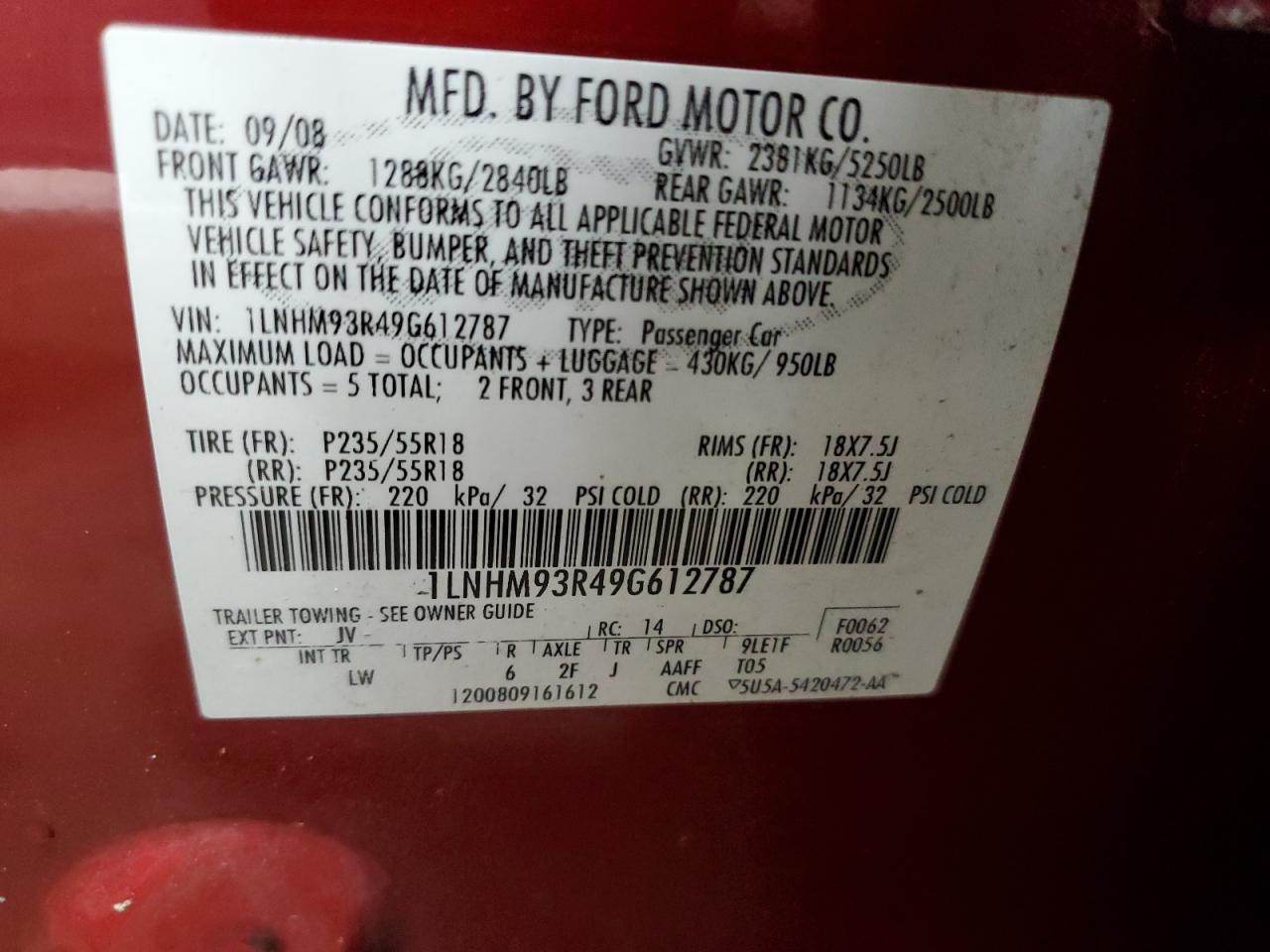 1lnhm93r49g612787 1LNHM93R49G612787 2009 Lincoln Mks