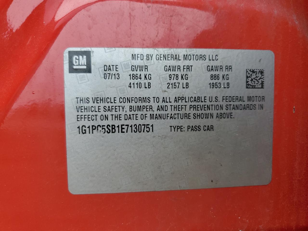 2014 Chevrolet Cruze Lt VIN: 1G1PC5SB1E7130751 Lot: 65261625