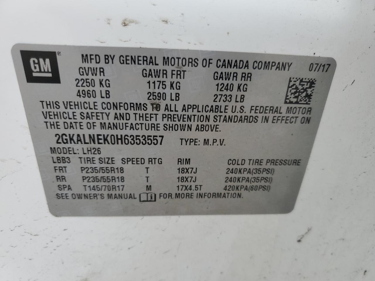 2017 GMC Terrain Sle VIN: 2GKALNEK0H6353557 Lot: 65136255
