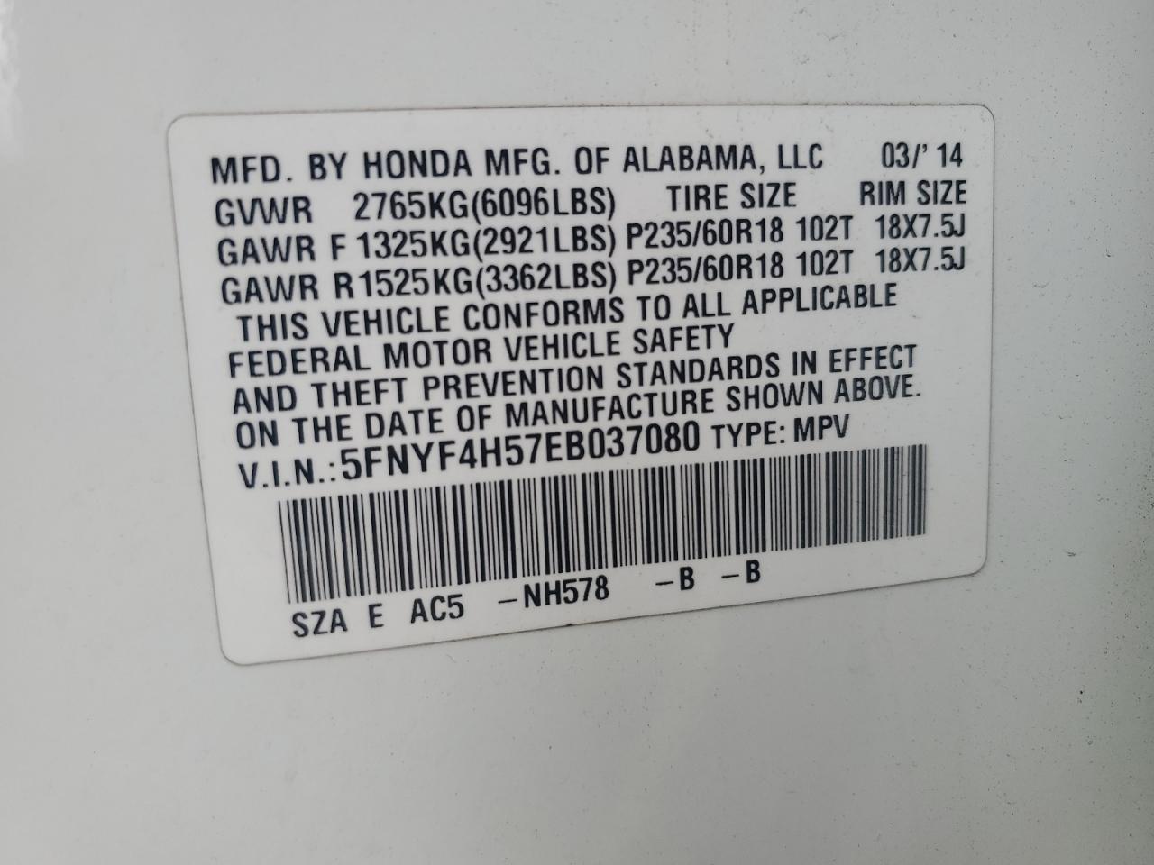 2014 Honda Pilot Exl VIN: 5FNYF4H57EB037080 Lot: 63760545