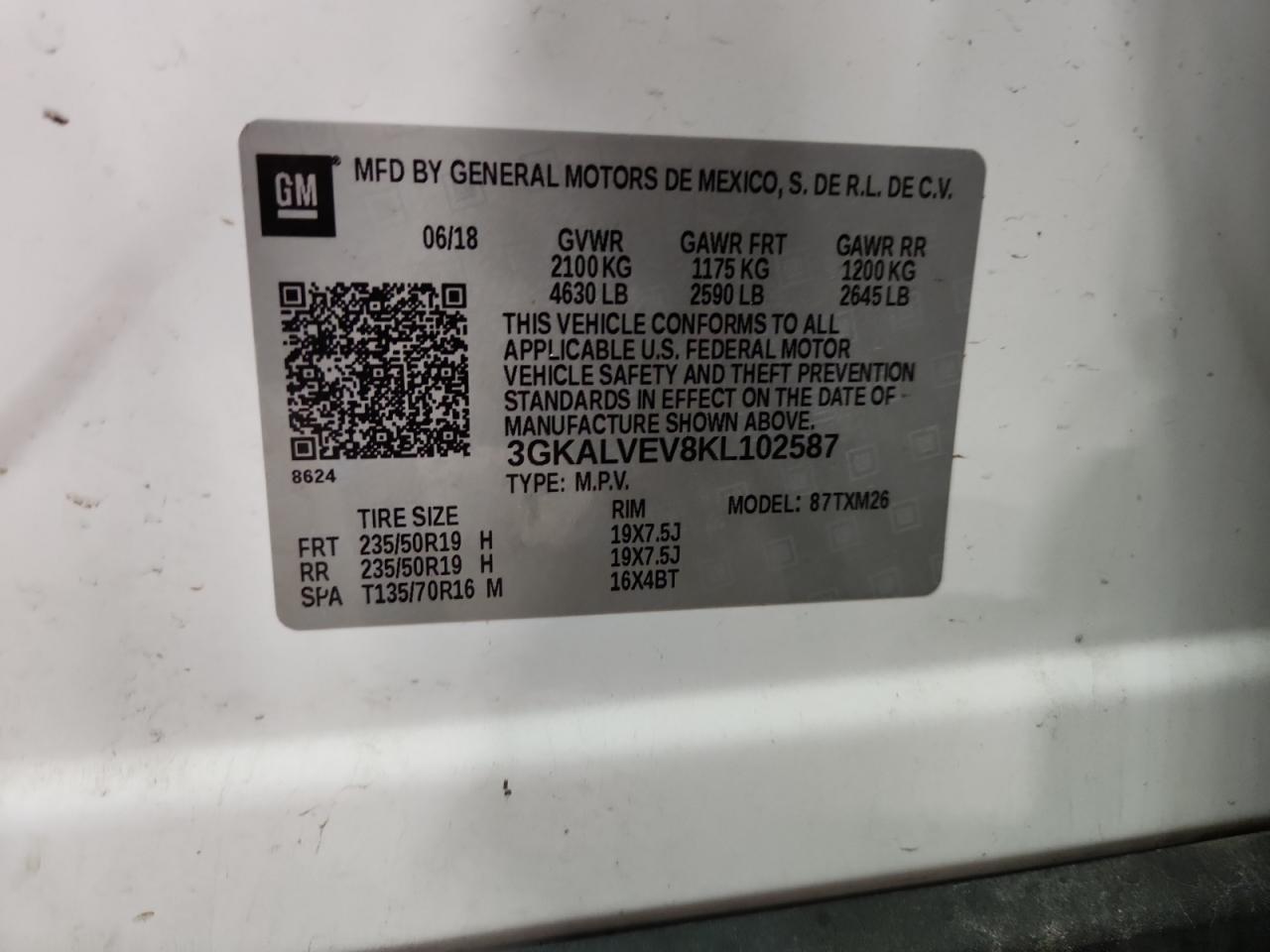 2019 GMC Terrain Slt VIN: 3GKALVEV8KL102587 Lot: 65126375