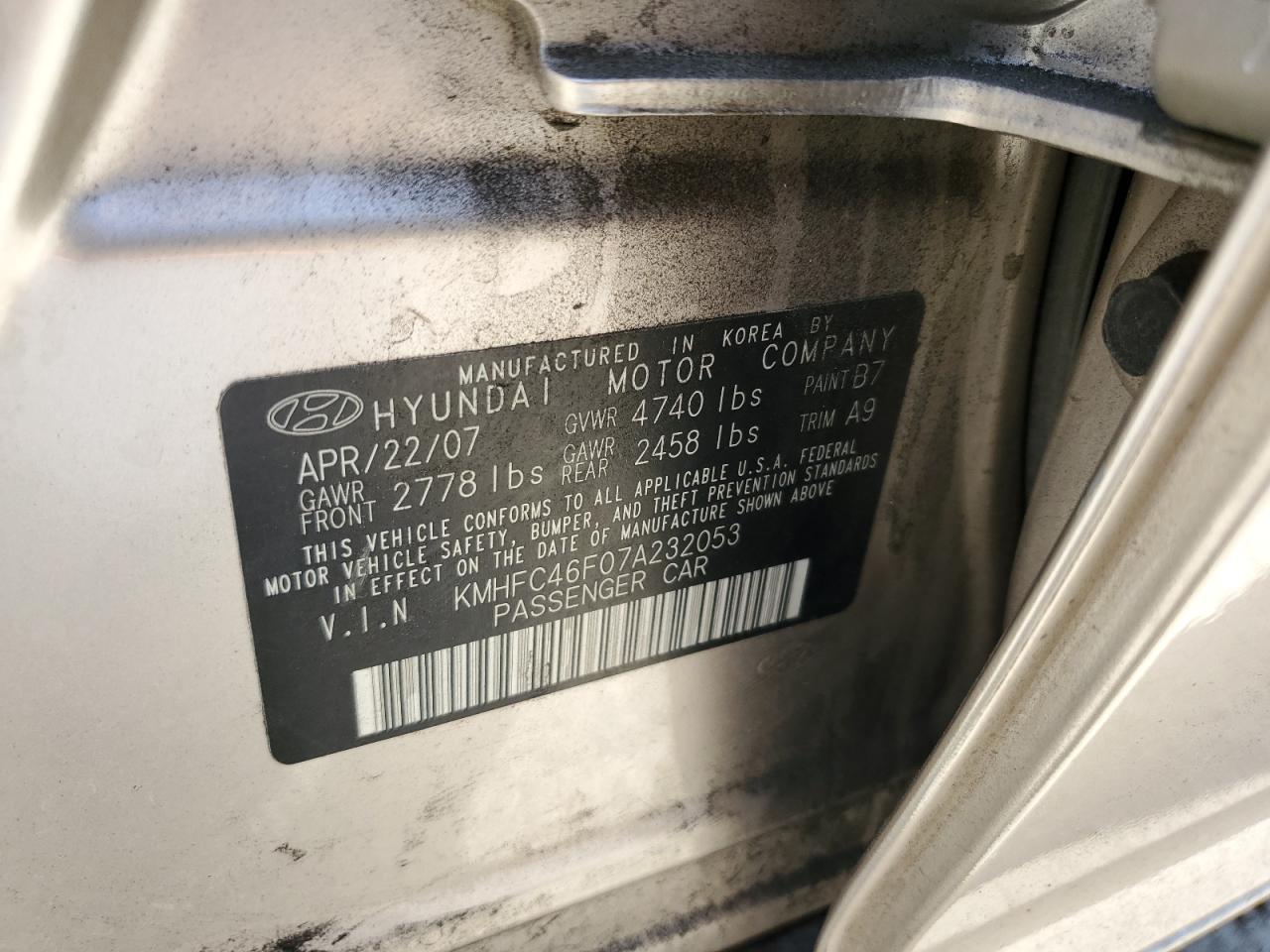 2007 Hyundai Azera Se VIN: KMHFC46F07A232053 Lot: 63674535