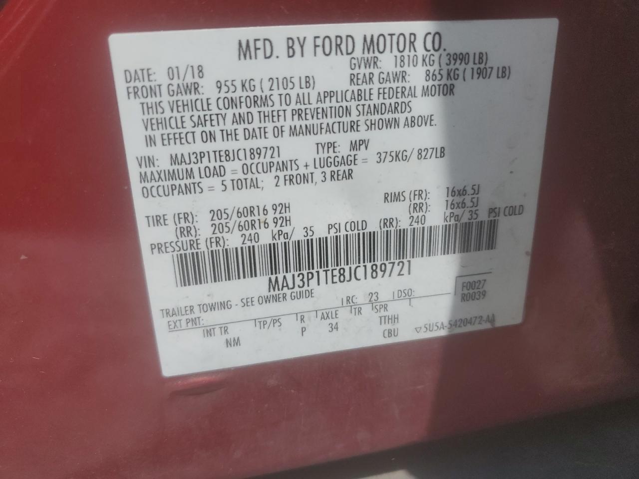 2018 Ford Ecosport Se VIN: MAJ3P1TE8JC189721 Lot: 63629825