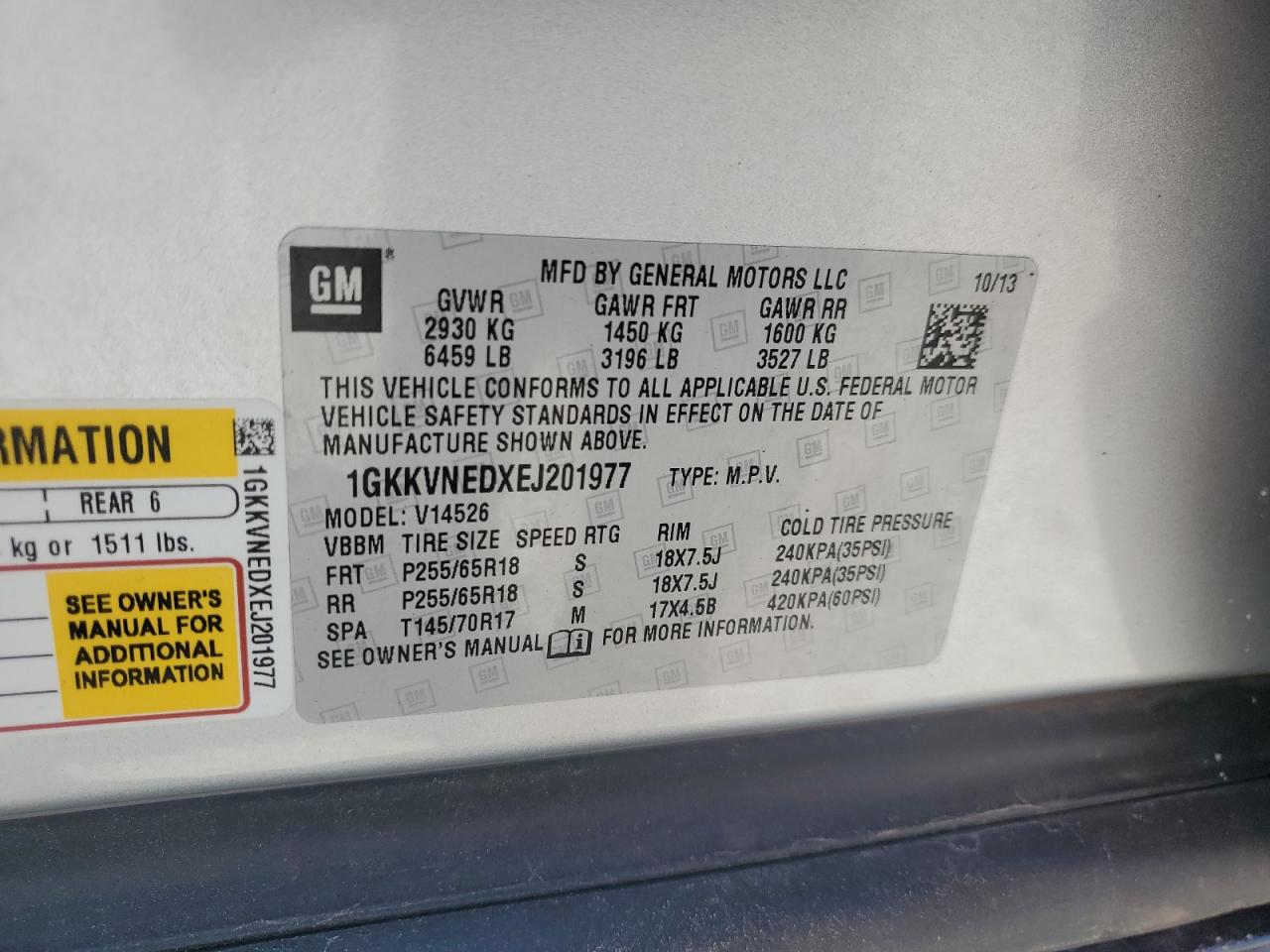 2014 GMC Acadia Sle VIN: 1GKKVNEDXEJ201977 Lot: 63385155
