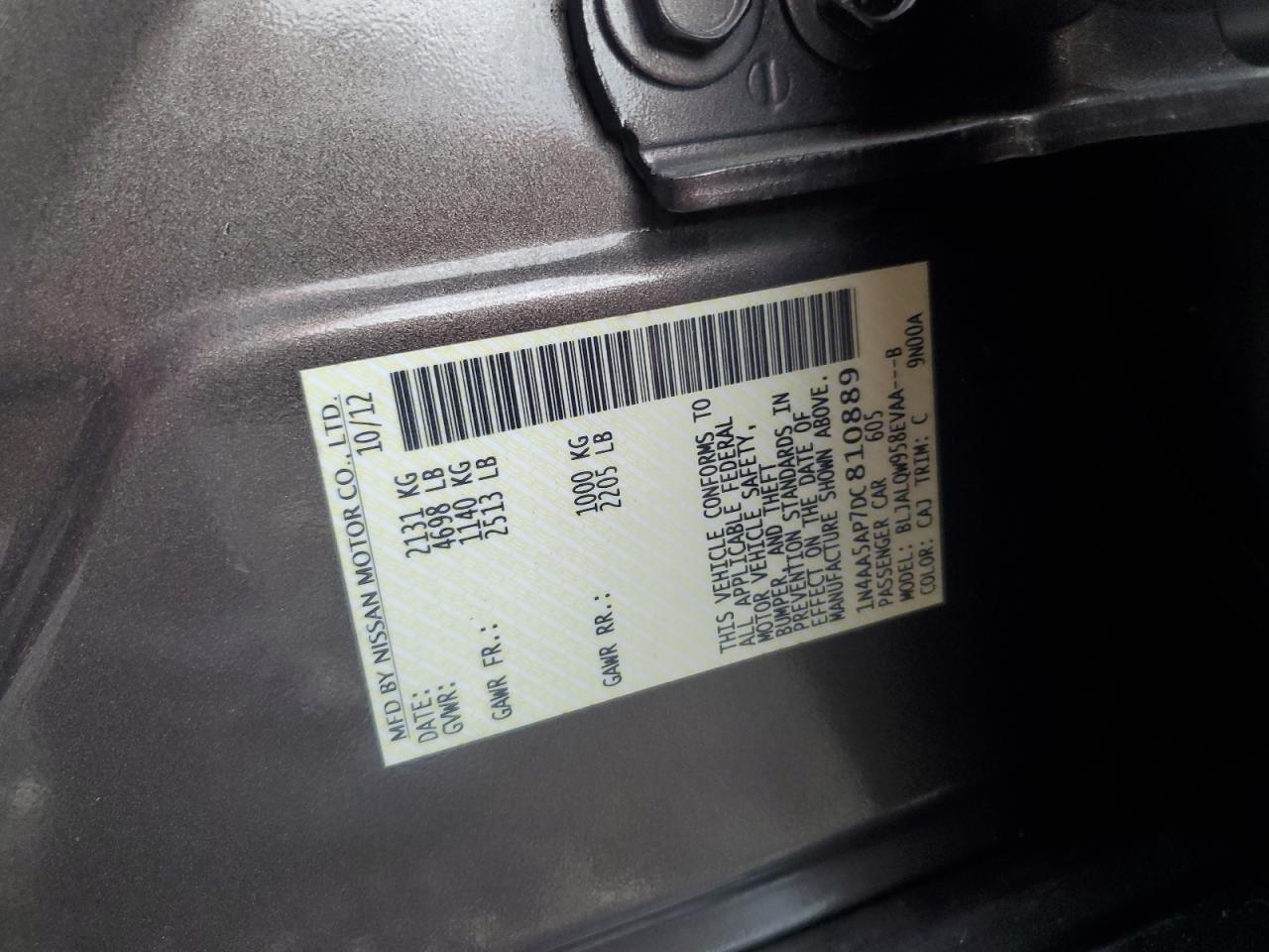 2013 Nissan Maxima S VIN: 1N4AA5AP7DC810889 Lot: 64614945