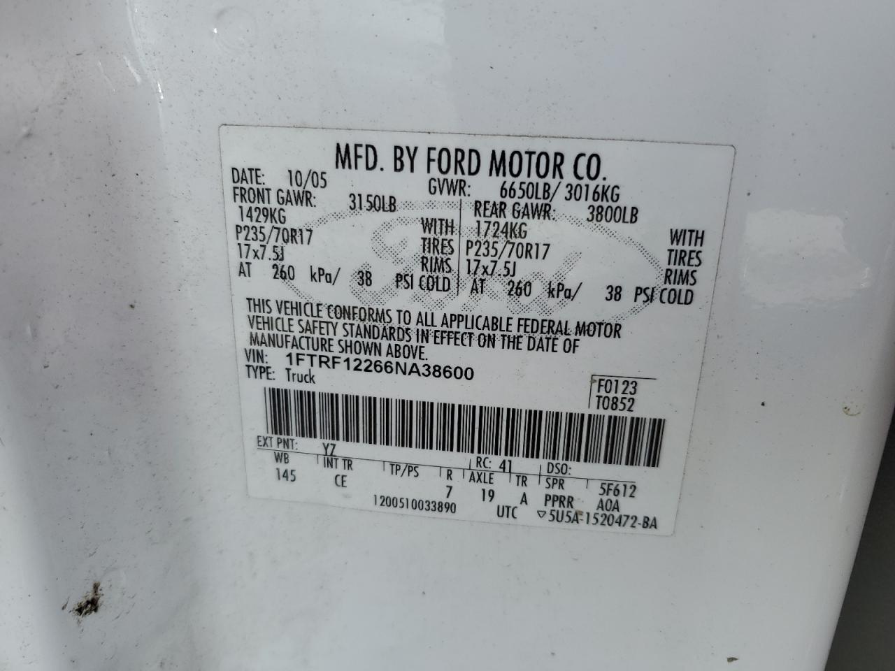 2006 Ford F150 VIN: 1FTRF12266NA38600 Lot: 63861455